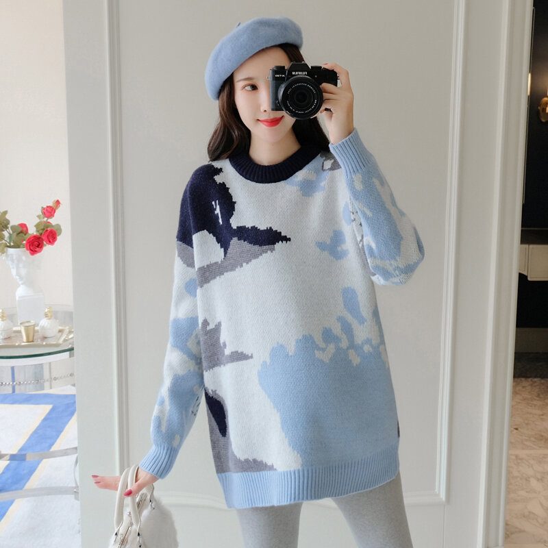 6080# Autumn Winter Thick Warm Knitted Maternity Sweaters Korean Fashion Loose Pullovers Clothes for Pregnant Women Pregnancy