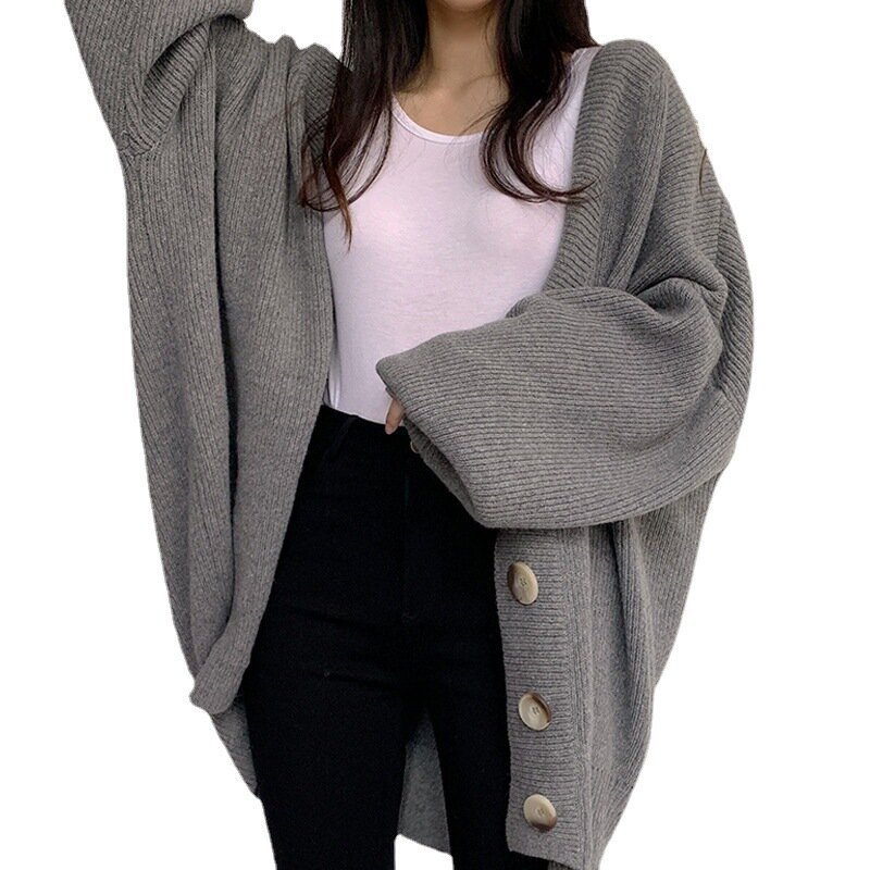 Autunno maglione giacca donna sciolto grandi cantieri inverno ufficio signora Chic Cardigan lavorato a maglia tinta unita femminile versione coreana maglione