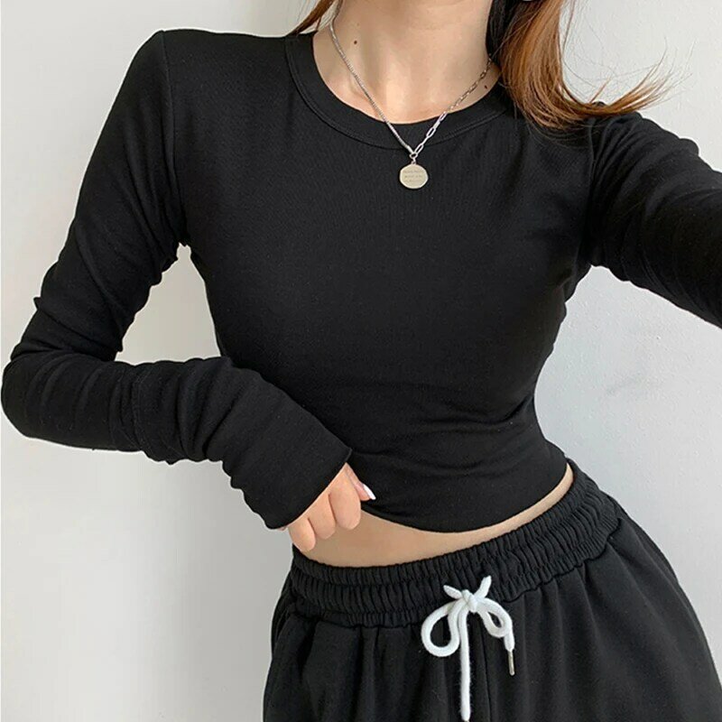 YUQI 2022 Autumn Solid Long Sleeve T Shirts Women Casual White Skinny Black Basic Tee Fashion Street Cropped Tops Y2K Clothes