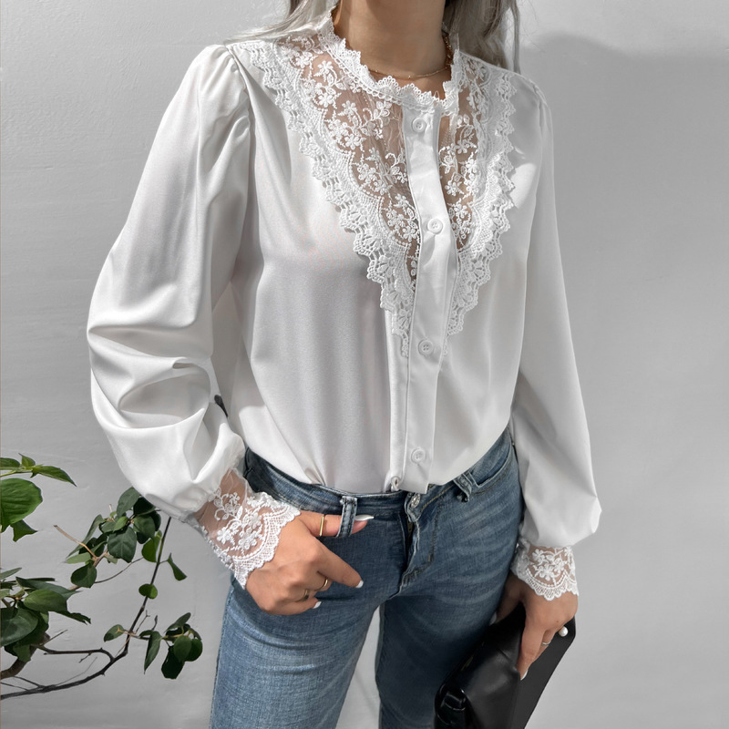 HOUZHOU-blusa blanca de manga larga para mujer, camisa Sexy de retales de encaje, diseño de malla, camisa negra Vintage, moda de otoño, 2022