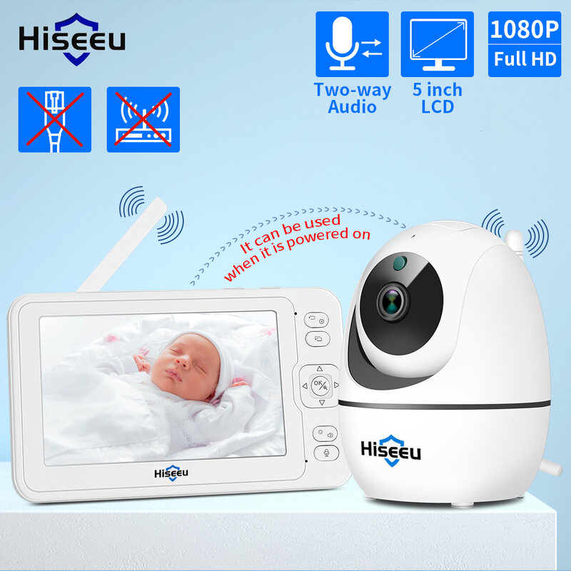 Hiseeu Monitor Bayi 5.0 Inci Kamera Nirkabel Audio 2 Arah 1080P Alarm Bayi Menangis Kamera Pengawasan Video Mendukung Pemutaran