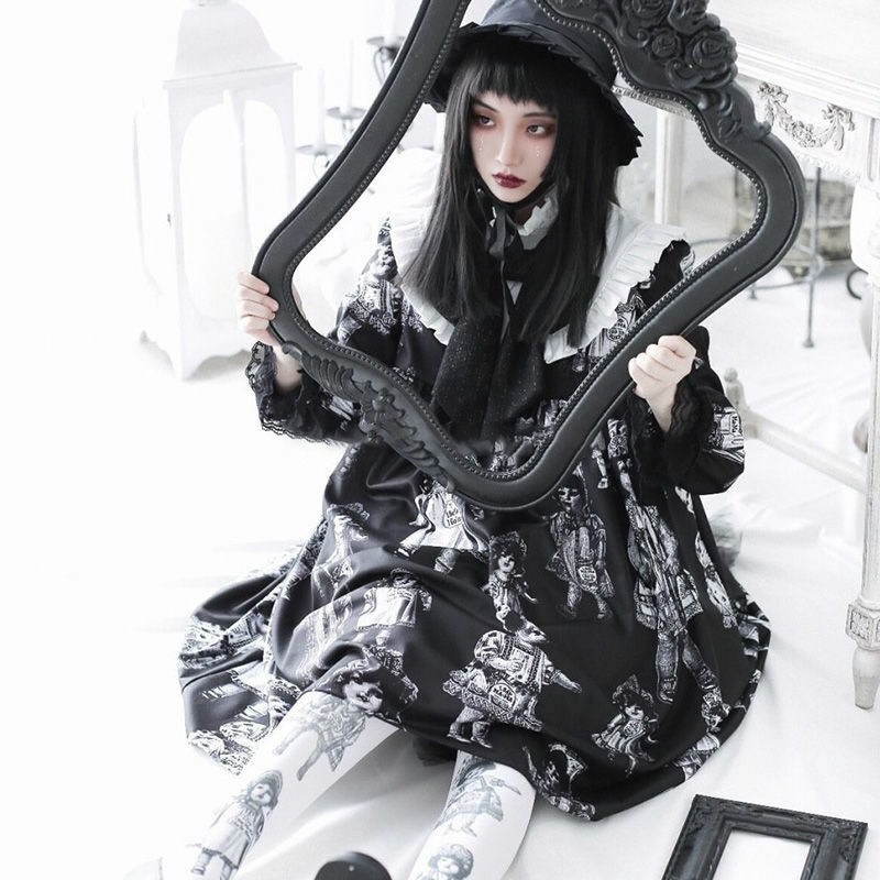 Gothic Vintage Lolita Dress Women Classical Newspaper Harajuku Cosplay Costumes Doll Collar Victorian Princess Party OP Dress