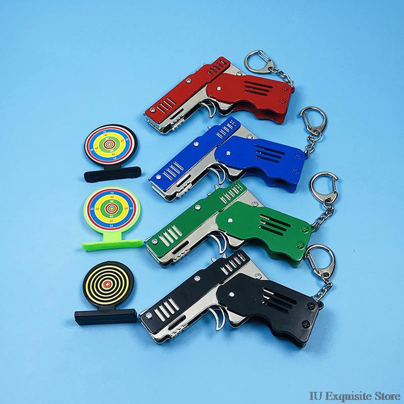 1 Set Full Metal Rubber Band Gun Model Toy Pistol Folding Six Burst Toy Gun Elementary School Gift Animation Game Key Ring