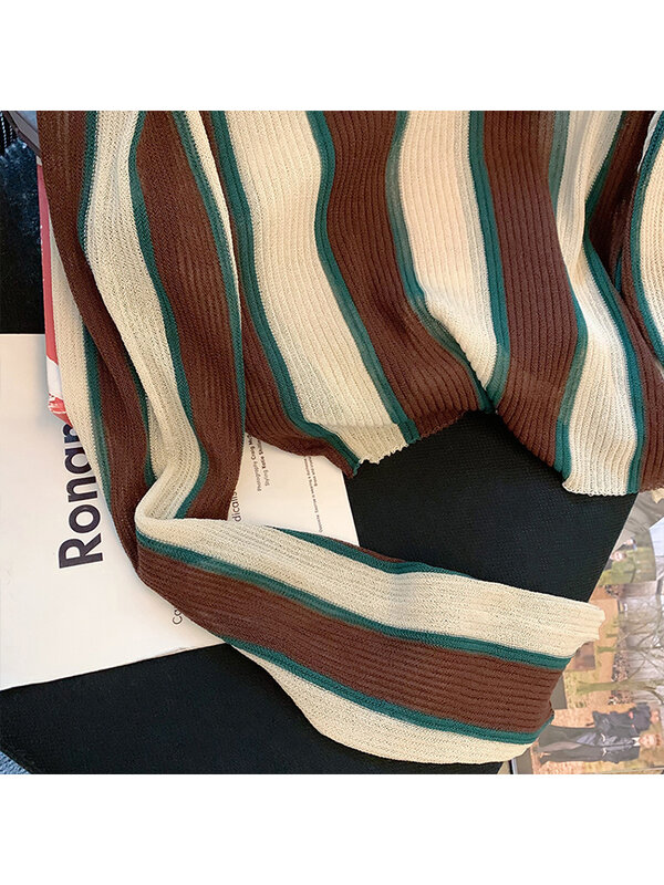Kobiety 2022 jesień w paski sweter z dekoltem w kontrastowym kolorze Vintage sweter z dzianiny luźny dzianinowy sweter z długim rękawem Design Top
