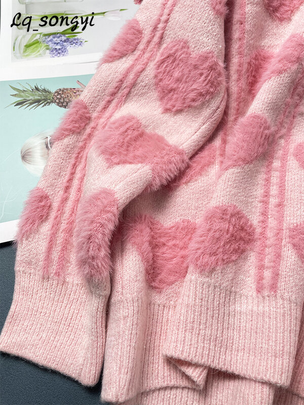 Розовый мохеровый свитер с сердечками, жаккардовые вязаные пуловеры, Осень-зима 2022, милый теплый джемпер с круглым вырезом для девочек, Lq_songyi LQ2