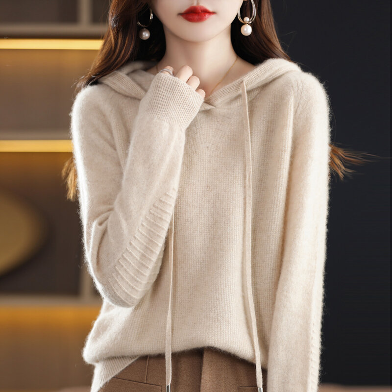 바람 게으른 후드 니트 후드 여성 가을 겨울 새로운 스타일, 내부 및 외부 착용 느슨한 고급 스웨터