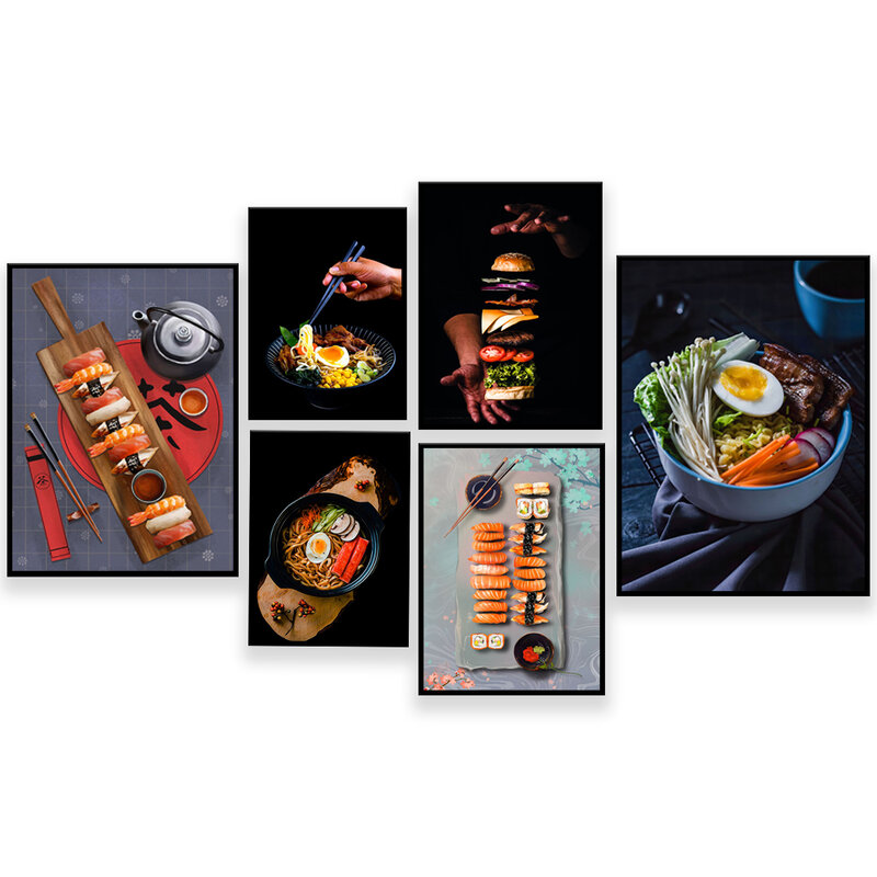 Affiche typographique de cuisine japonaise, sushi, soupe de ramen, hamburger, nouilles de ramen, décoration de nourriture délicieuse