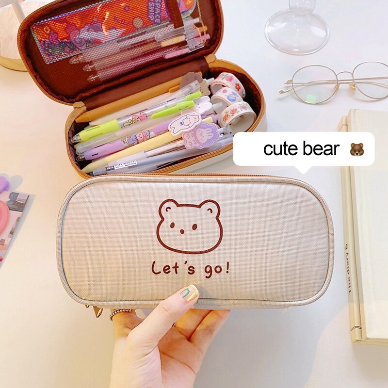 Kawaii lona caso lápis para meninas meninos dos desenhos animados urso caneta caso saco grande capacidade caixa de lápis bolsa papelaria presente