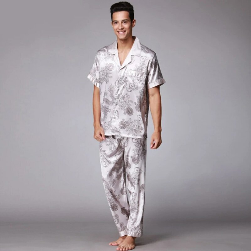 Conjuntos de pijamas masculinos, 2 peças, roupa de dormir para homens, camisola de verão, robe de banho, pijama curto, pijama de seda masculino, calças, tops, pijamas