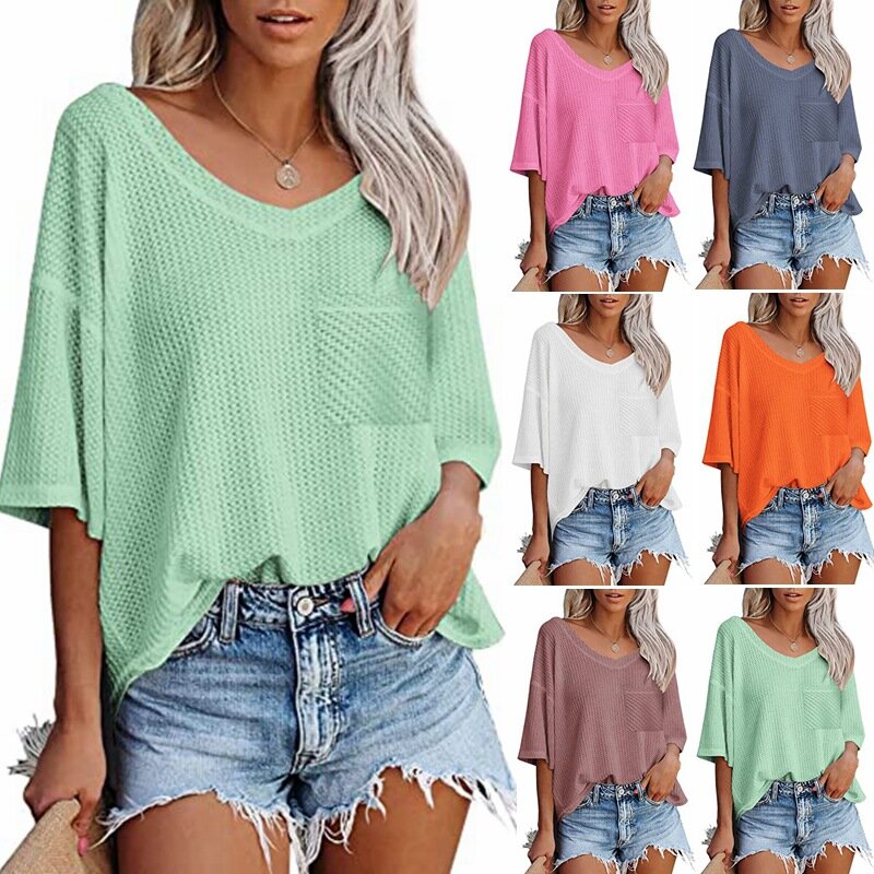 Summer Women's New Knitwear Commuting Fashion V-neck Solid Color Pullover Pocket Loose Fitting Casual Short Sleeved T-shirt