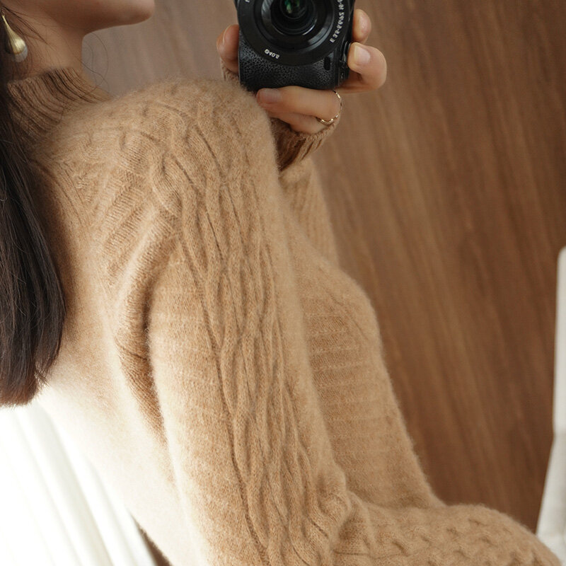 Półszyjny sweter damski jesienno-zimowy nowy zagęszczony koszula z długimi rękawami moda skręcony ciepły sweter do noszenia poza