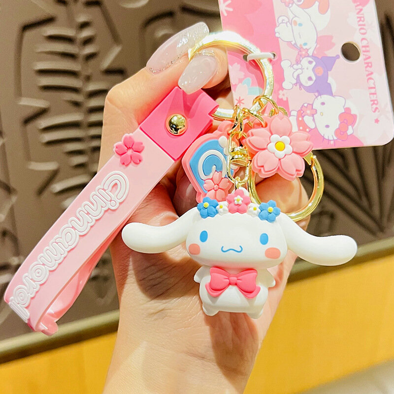 Kawaii Anime Sanrio Hello Kitty Kuromi My Melody Figurine Sakura Keychain Cherry Key Ring Mobile Phone Bag Hanging Toy Kids Gift