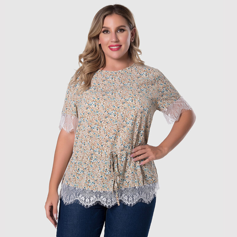 Camisa de encaje floral para mujer, top de talla grande, con temperamento, con cintura