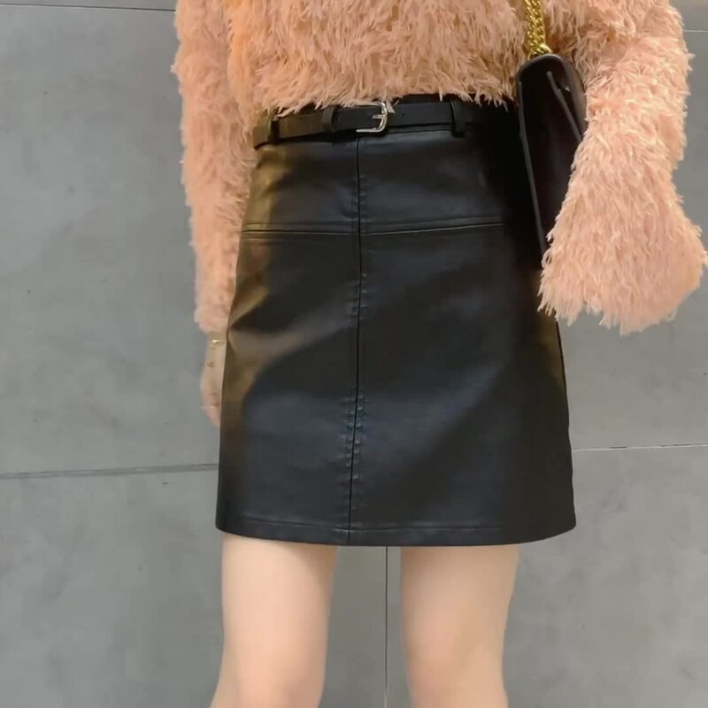 Wisher&Tong 2022 Autumn Winter Pu Leather Skirt Women High Waist Solid Color With Belt Package Hig Office Lady Mini Skirts Femme