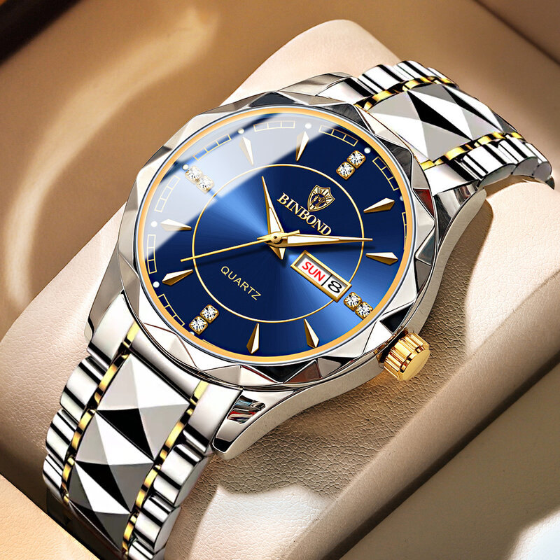 Новые модные мужские кварцевые часы Binbond, водонепроницаемые наручные часы из вольфрамовой стали, мужские и женские часы с точной задней кры...