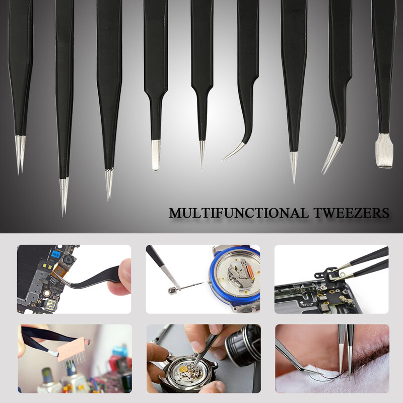 9 pezzi pinzette antistatiche in acciaio inossidabile strumenti di manutenzione pinzette dritte curve di precisione industriale strumenti di riparazione