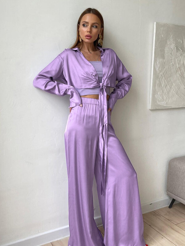 Hiloc laço cetim sleepwear solto roxo casa roupas para mulher pijama calças largas perna define manga longa pijamas de inverno feminino