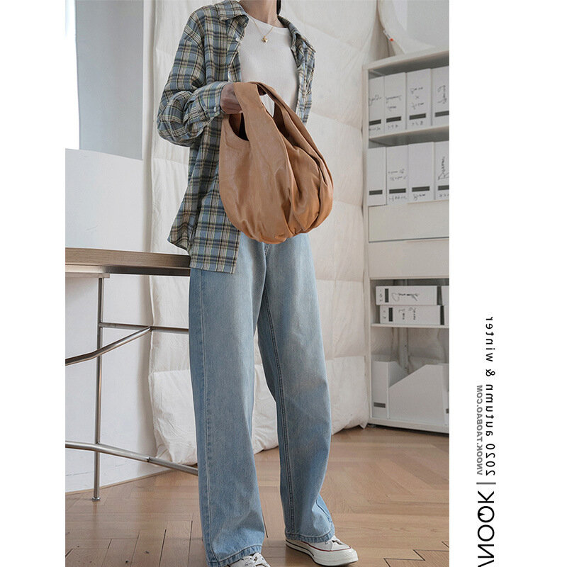 Versi 2022 Jeans Lurus Wanita Pinggang Tinggi Longgar Katun Dicuci Kasual Lebar Kaki Celana Baggy Celana Streetwear Wanita Kantor