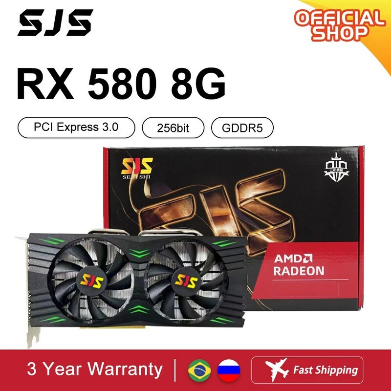 SJS Video Thẻ RX 580 8G 256Bit 2048SP GDDR5 AMD GPU Card Đồ Họa Game Thủ RX580 Radeon 8GB KHAI THÁC MỎ chơi Game Thẻ Placa De Video