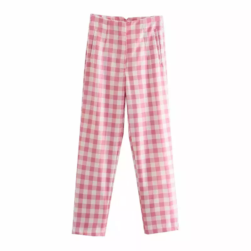 Merodi офисные женские модные розовые клетчатые хлопковые длинные брюки женские 2021 летние прямые шикарные брюки с высокой талией на молнии