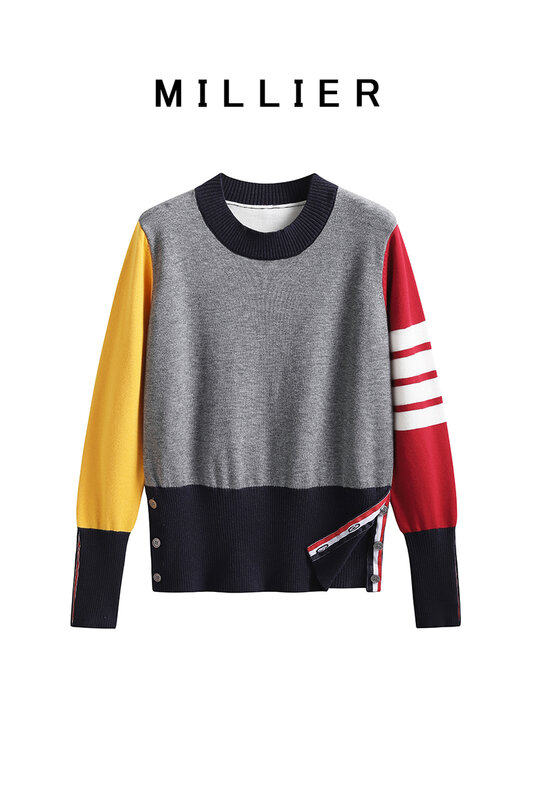 Cztero-barowy sweter z blokadą koloru damski jesień i zima nowy luźny okrągły dekolt w stylu TB college bottoming top