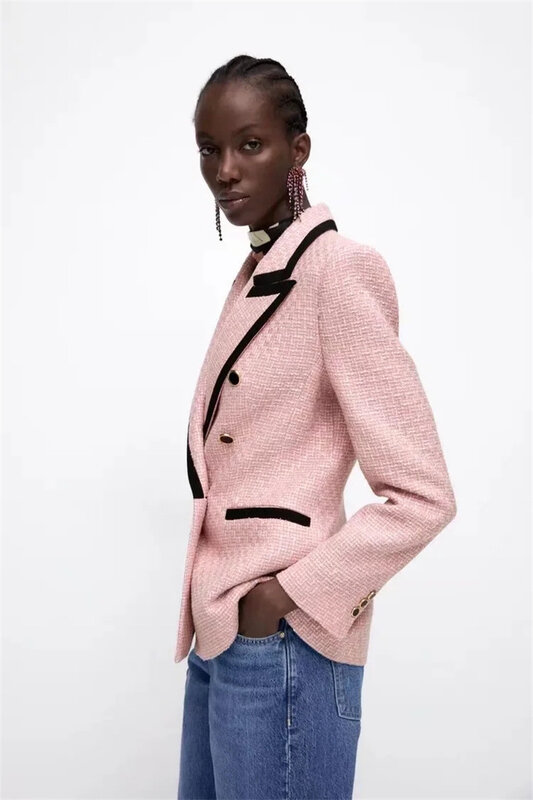 Mulheres Elegante Rosa Textura Double Breasted Tweed Blazer Manga Comprida Bolsos Casacos Moda Feminina Streetwear Tops