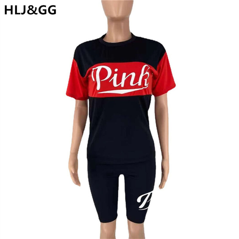 HLJ&GG Patchwork PINK Letter Print Short Sleeves Tshirt Tops + Short Pants Casual 2 Piece Set Summer Women Sport 2pcs Outfits