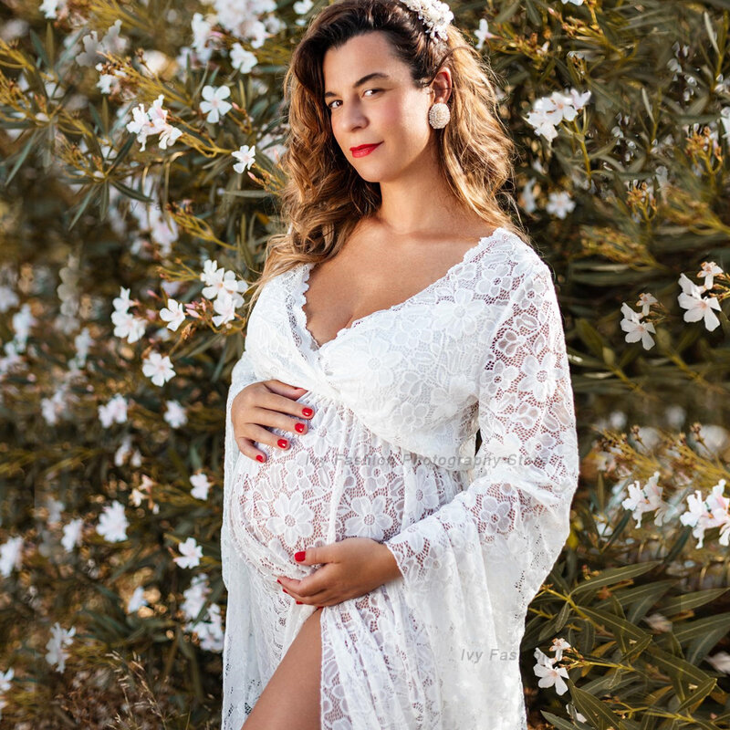 Vestido bohemio para sesión de fotos de embarazada, ropa de maternidad de manga larga, encaje blanco