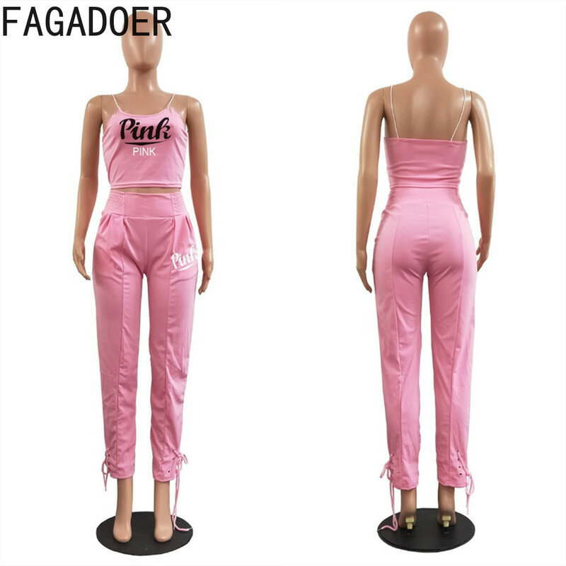 FAGADOER Sport Casual Tracksuits Women Sleeveless Halter PINK Letter Print Top + Pants Two Piece Sets Female Jogger Outfits 2022