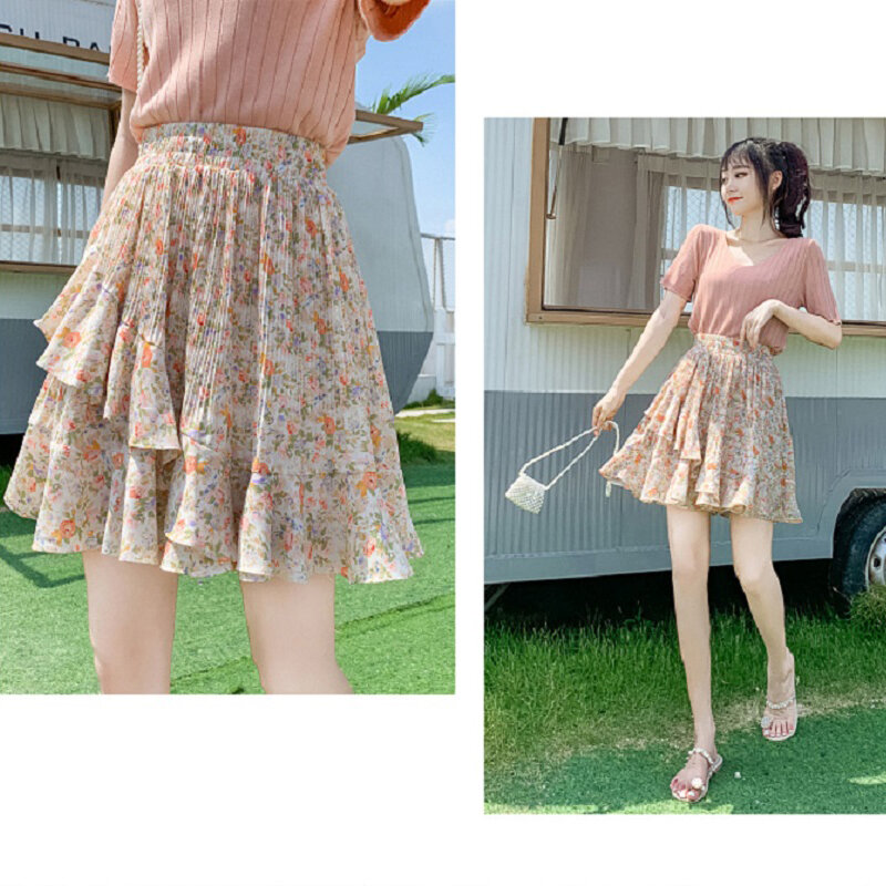 Wisher&Tong 2022 Summer Chiffon Mini Skirts Elastic Hight Wais Beach Floral Skirt Vintage Casual Women's Pleated Skirt