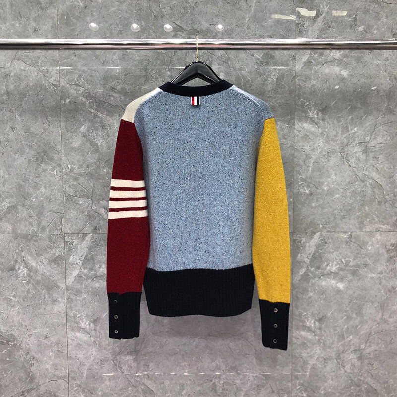 TB THOM Patchwork Sweater Men‘s Fashion Brand Multicolor Spoted Wool  4-Bar Stripe Sweatercoat Autunm WinterV-Neck Cardigan Coat