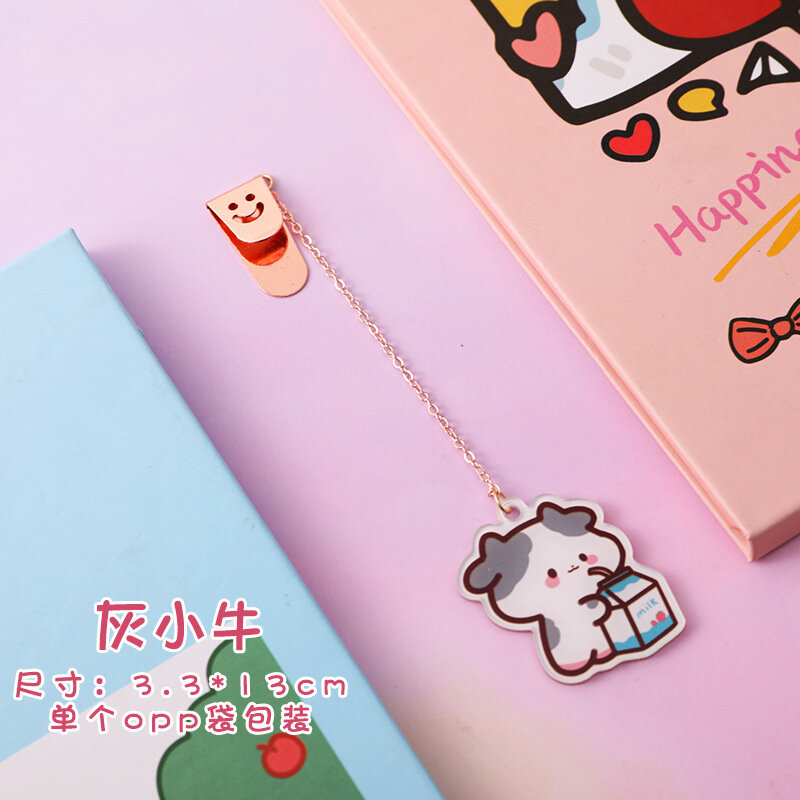Korean Cute Cow Cartoon Kawaii Acrylic Bookmark Student Stationery Book Page Clip Creative Pendant Metal Chain Office Learn Gift