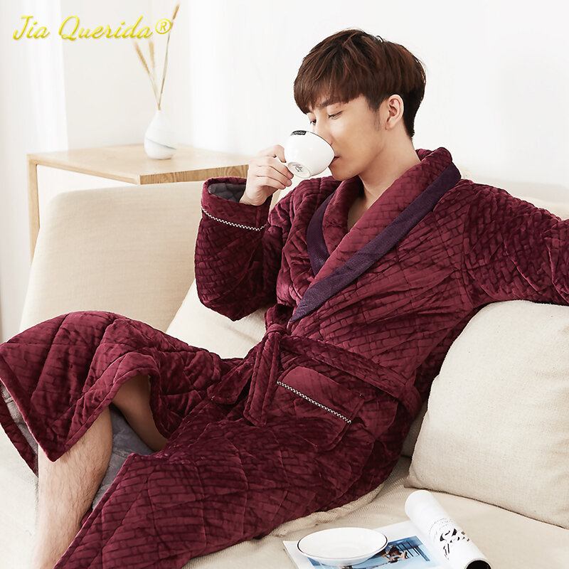 Robe de banho masculino acolchoado de veludo, robe grosso com 3 camadas, peça quente para inverno, pijama masculino