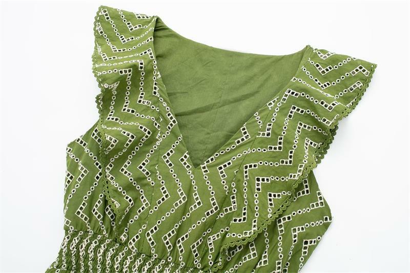 Suninbox-Robe longue brodée mi-mollet pour femme, col en V, fibre superposée, bord à volants décoratif, monochrome, été, nouveau, 2023