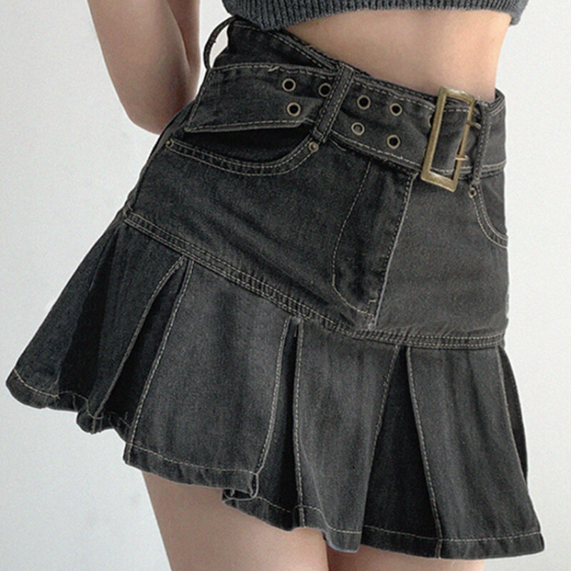 Nowa letnia spódniczka jeansowa damska Retro seksowna wysoka talia A-line pas plisowana spódnica koreańska damska moda gorąca dziewczyna spódnica w stylu