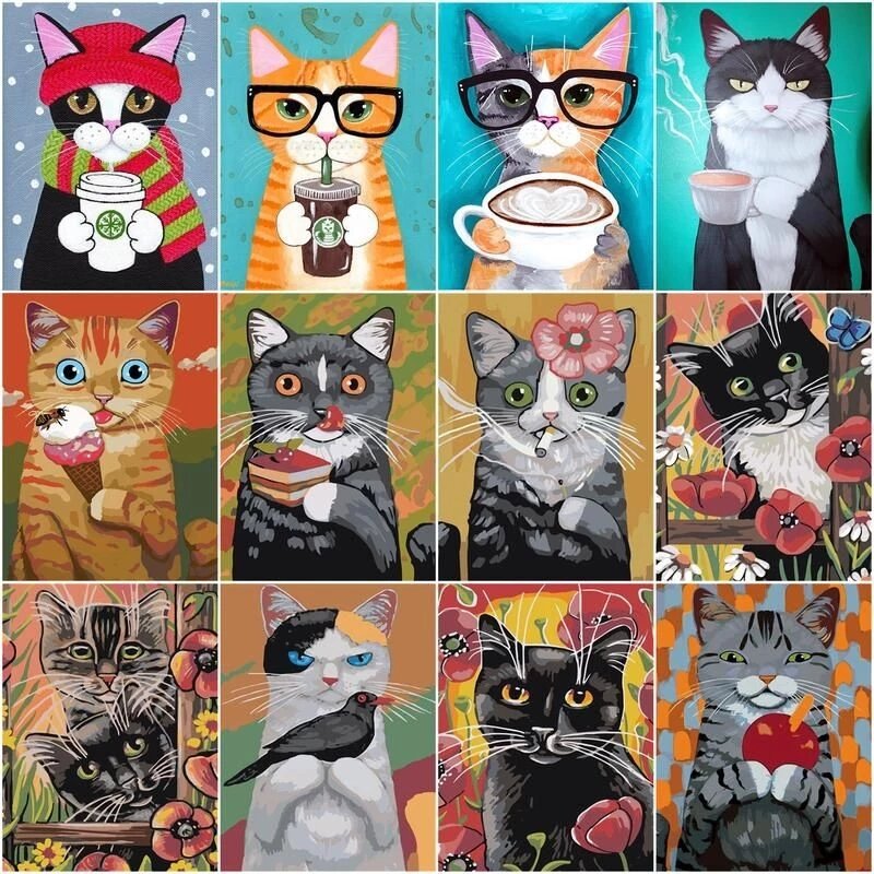 Chenistory-数字による油絵フレーム,40x50cm,漫画の猫の絵,子供の動物の写真,家の装飾