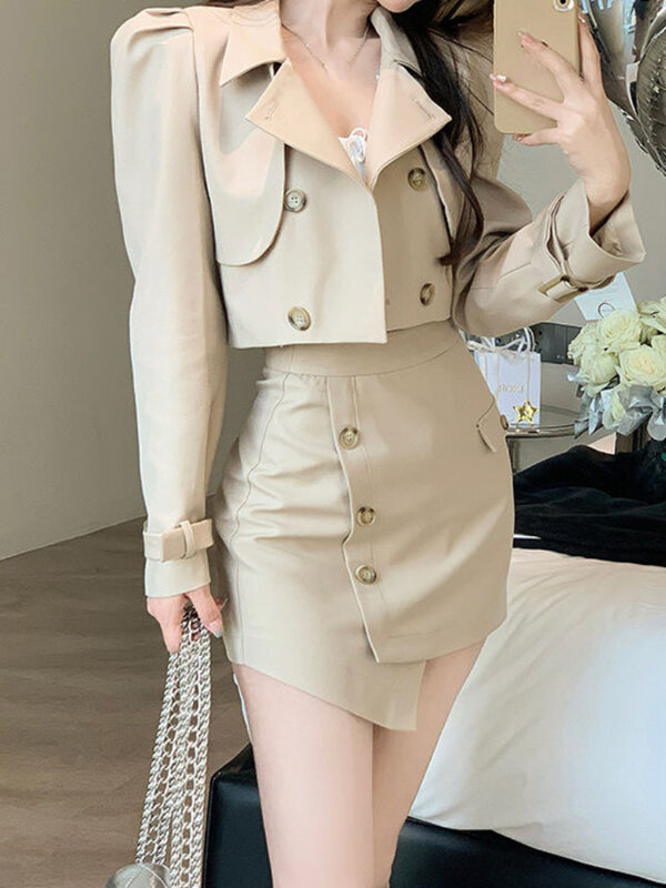 Vintage Blazer spódnica dwuczęściowa zestaw kobiet solidna elegancka spódnica Mini na co dzień garnitur kobiet koreański moda Y2K projektant spódnica zestaw 2022