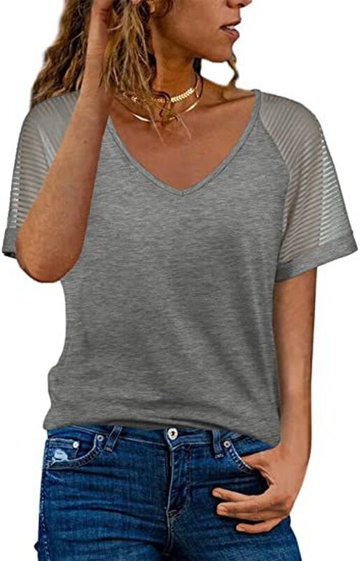 2022Women Fashion Mesh V Neck Short Sleeve Loose Casual Pure Color Summer T Shirts