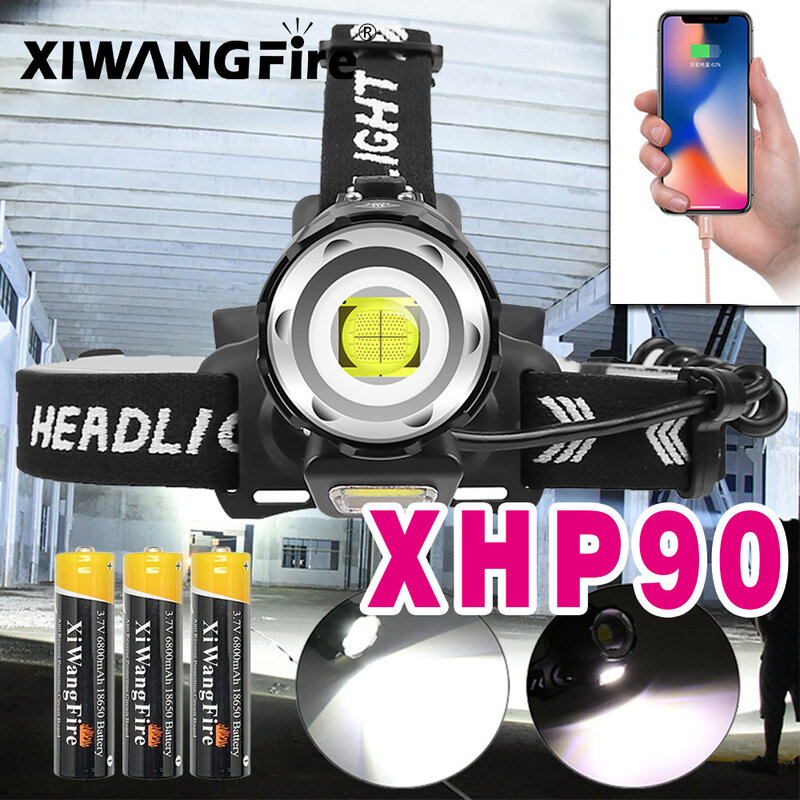 Faro Led potente XHP90, linterna frontal recargable por USB, Zoom XHP50, luz de Camping, 50000 LM