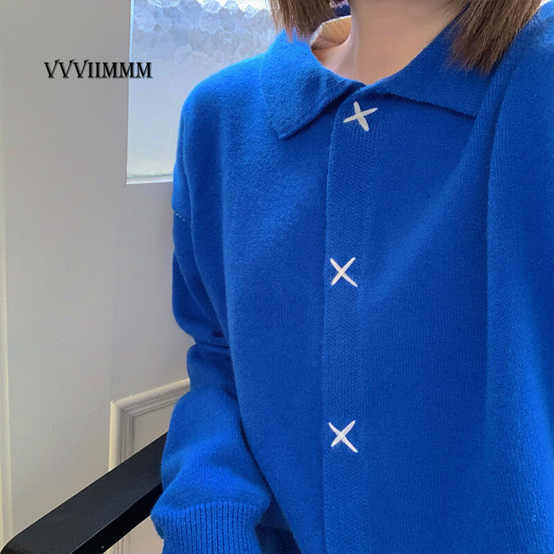 Wełniany sweter krótki płaszcz damski sweter zewnętrzny sweter jesień klamra dekoracja Van Gogh kurtki damskie 2022 koreański moda Y2k