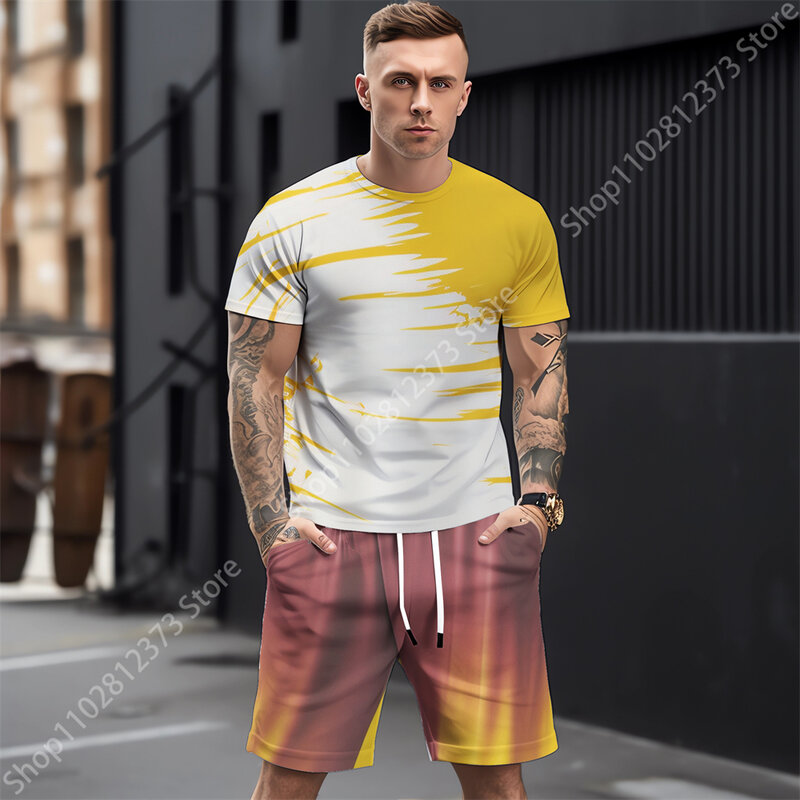 Baju olahraga pria musim panas, kaus lengan pendek kasual + celana pendek dua potong Set 3D garis cetak pakaian jalanan 2023