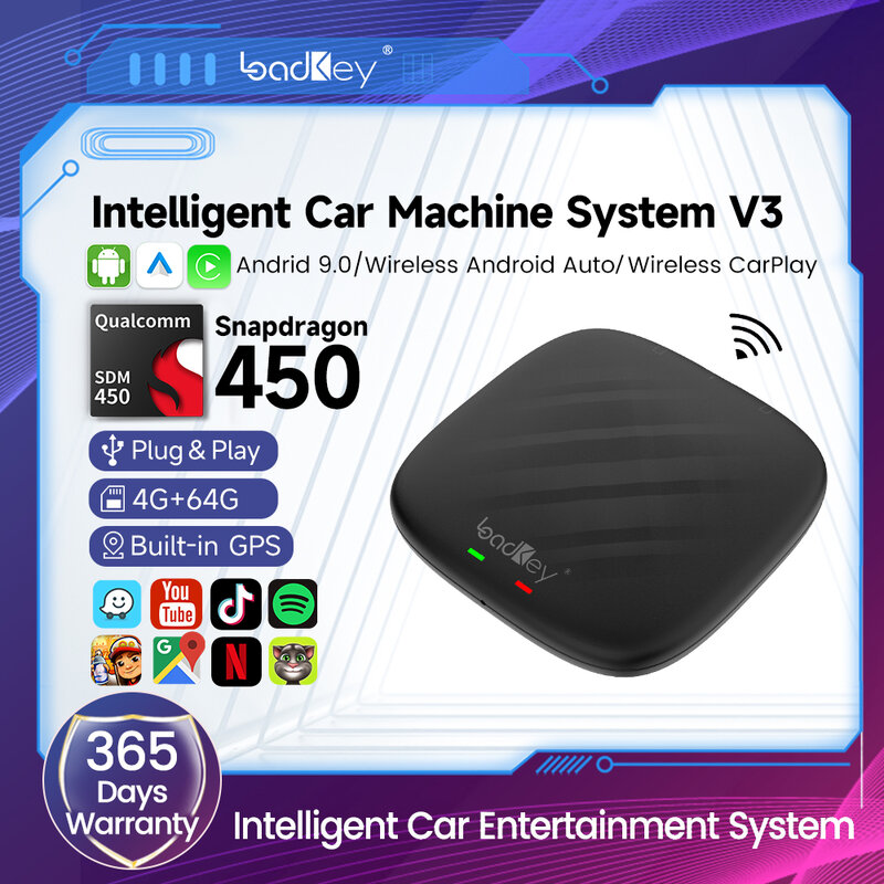 Loadkey bezprzewodowy Android Adapter automatyczny CarPlay Mini Ai Box 4G + 64G GPS YouTube Netflix dla Audi Toyota Nissan Skoda Volvo