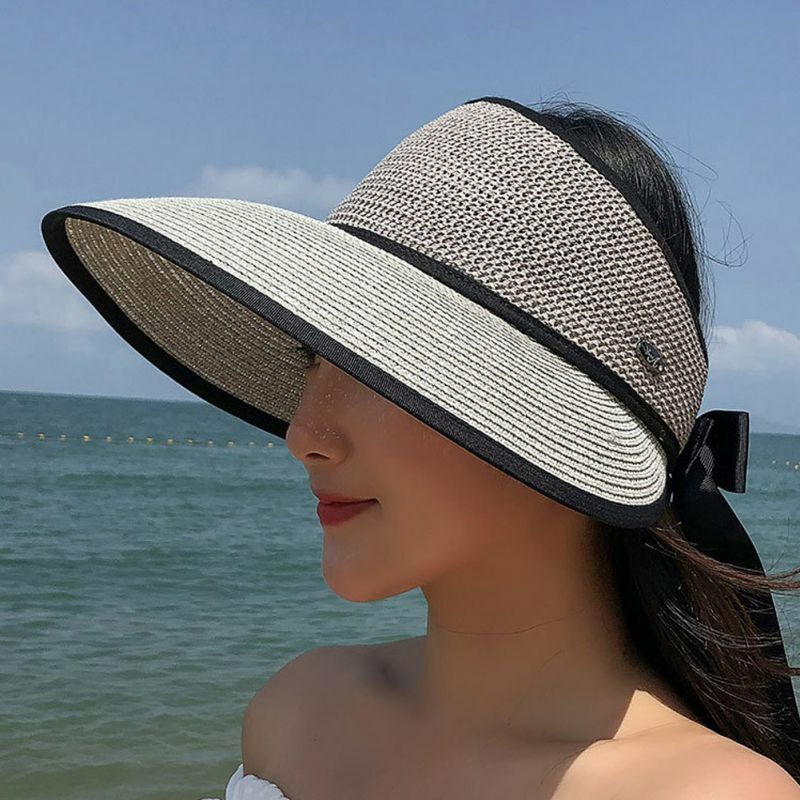 Visera de verano vacía para mujer, sombrero de paja de ala ancha, informal, transpirable, plegable, ajustable, para viaje y playa