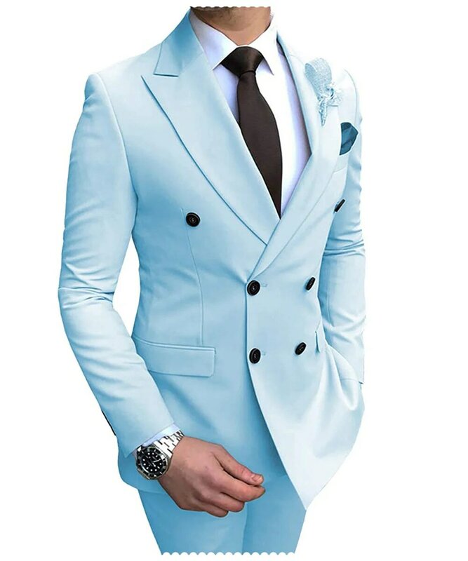 2023 New Beige Men's Suit 2 Pieces Double-Breasted Notch Lapel Flat Slim Fit Casual Tuxedos For Wedding(Blazer+Pants)
