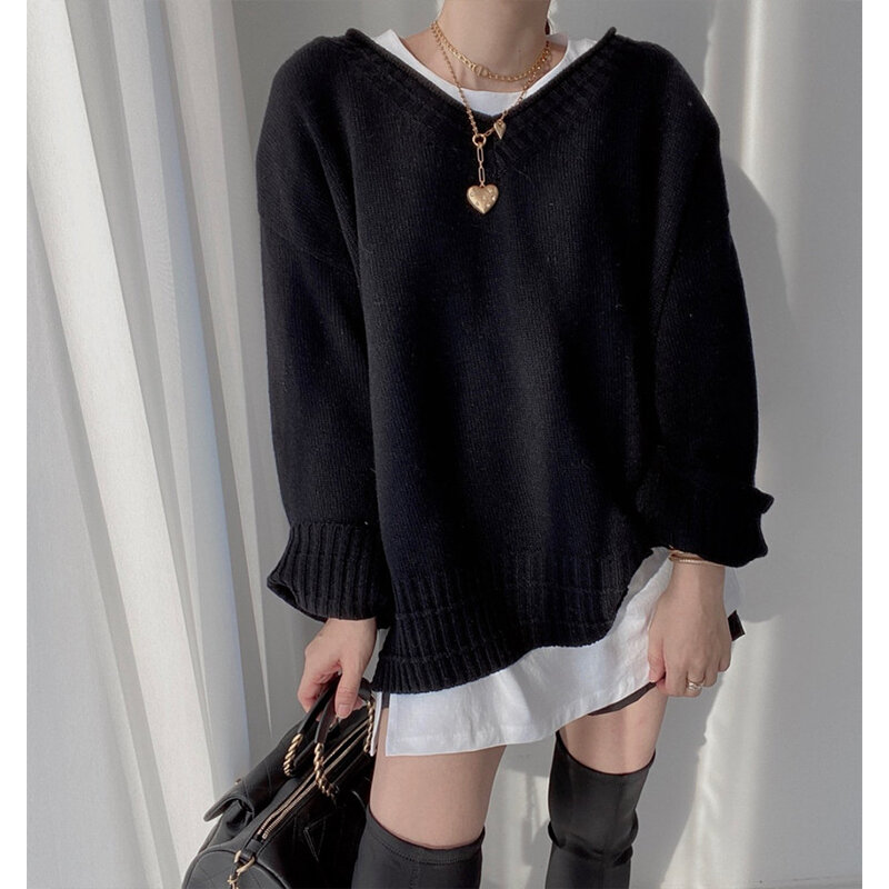 Suéter de punto Vintage para mujer, Tops holgados de moda coreana, sencillos e informales, de manga larga con cuello en V