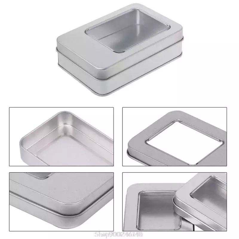 Rectangular Tin Silver Storage Box Case Organizer with Half Clear Window Lid S08 20 Dropship