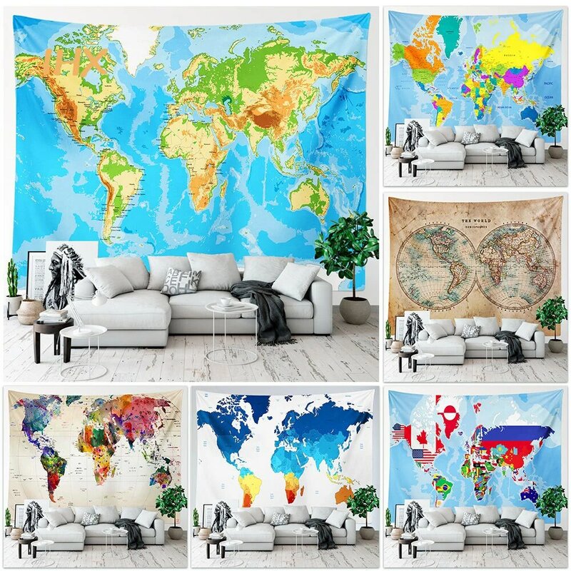 Tapisserie suspendue carte du monde, décoration esthétique de maison, carte en tissu haute définition, décoration murale de chambre à coucher, tapisserie aquarelle