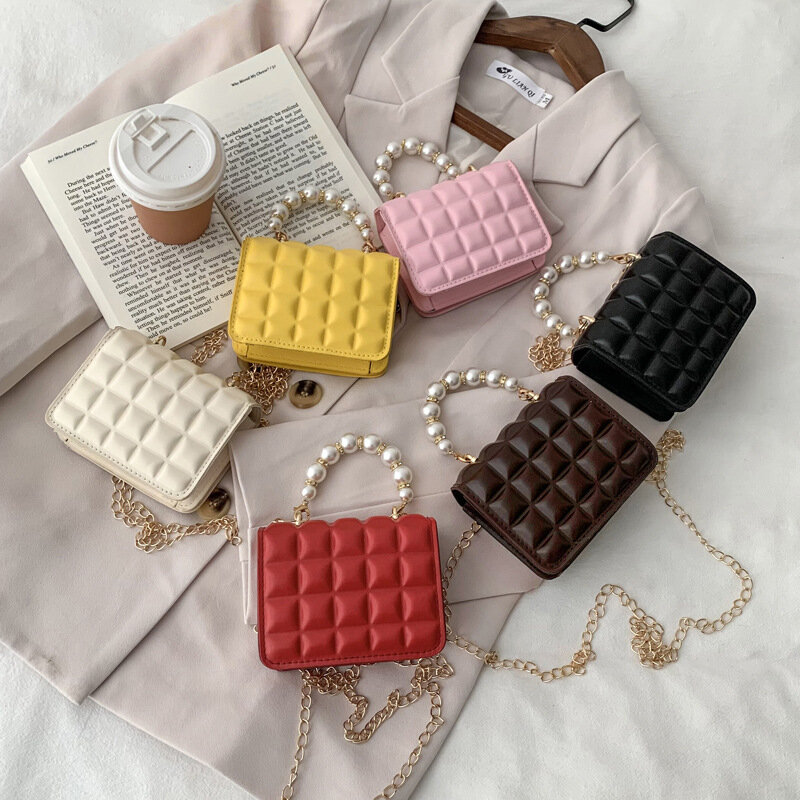 Borsa da donna borsa a tracolla a tracolla a catena in pelle di tendenza 2022 con manico in perle borse piccole a tinta unita portatili con griglia al cioccolato