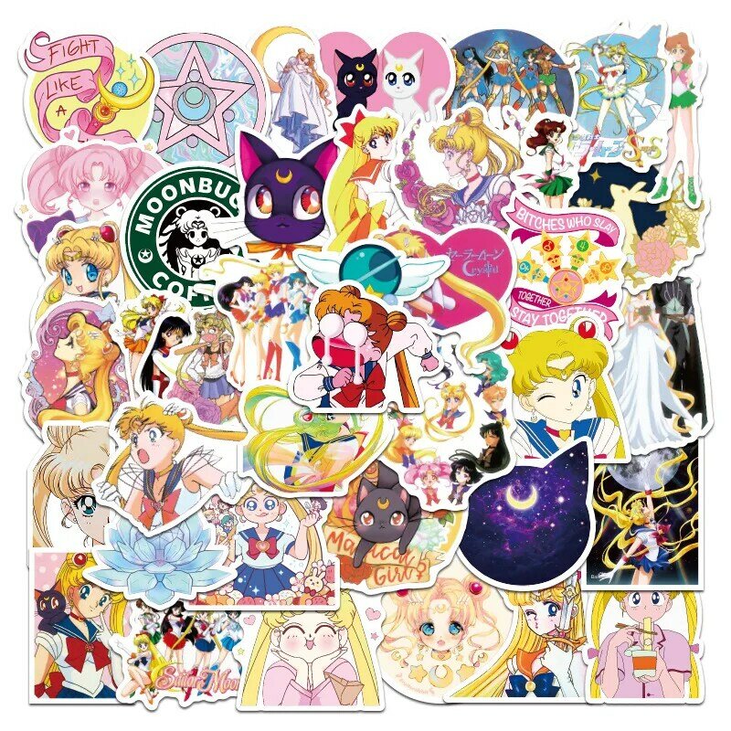 Pegatinas de Sailor Moon para ordenador portátil, pegatinas impermeables para maleta, guitarra, monopatín, paquete de 50 piezas