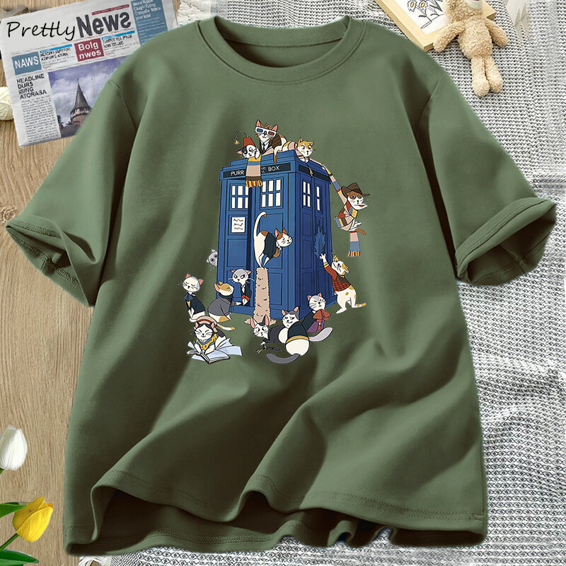 T-shirt à manches courtes pour hommes et femmes, estival et décontracté, humoristique, en coton, avec motif de chat, harajuku, Doctor Who Tardis